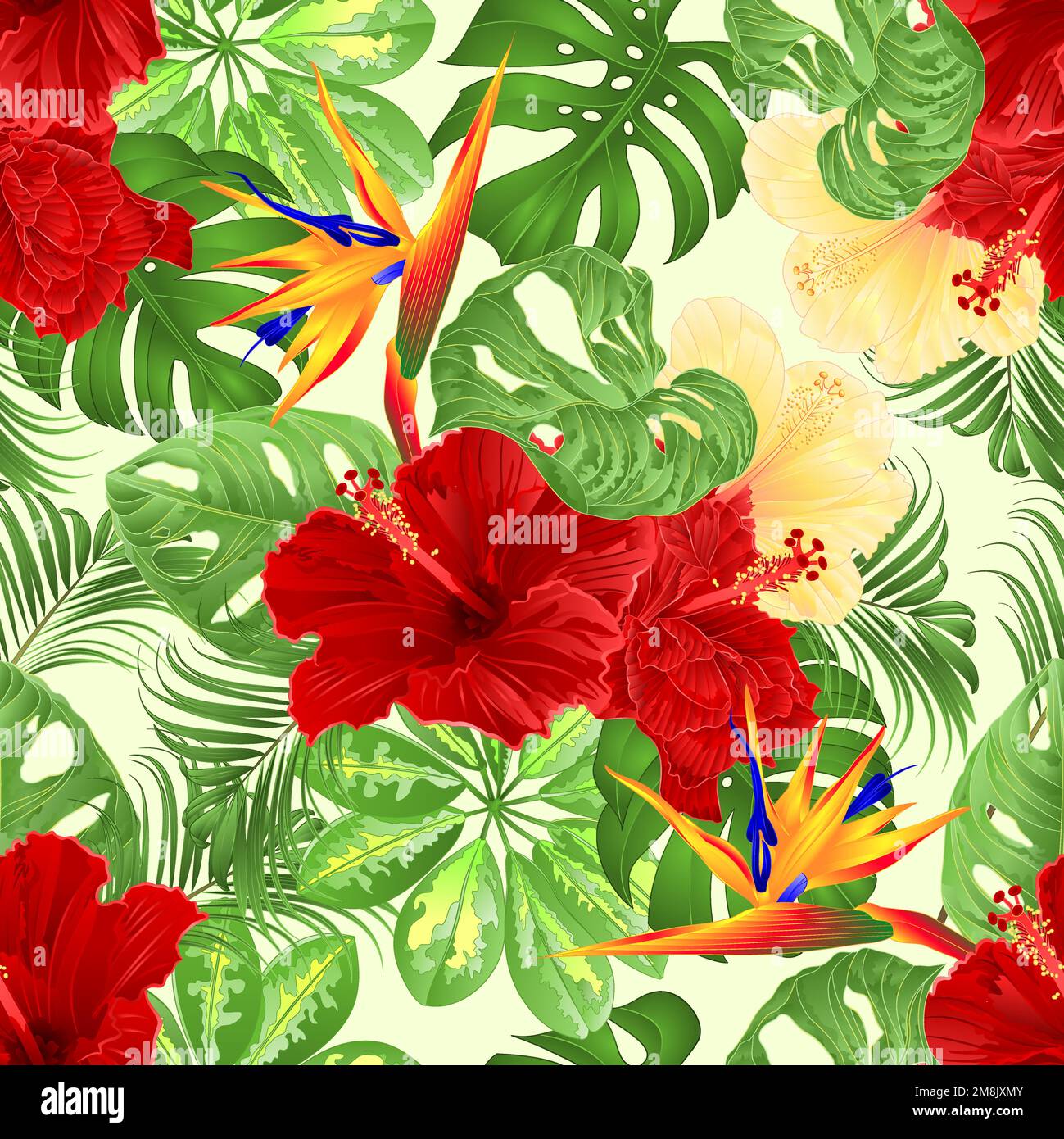 Seamless texture bouquet with tropical flowers  floral arrangement with  Strelitzia and red and yellow hibiscus   palm,philodendron and Schefflera and Stock Vector
