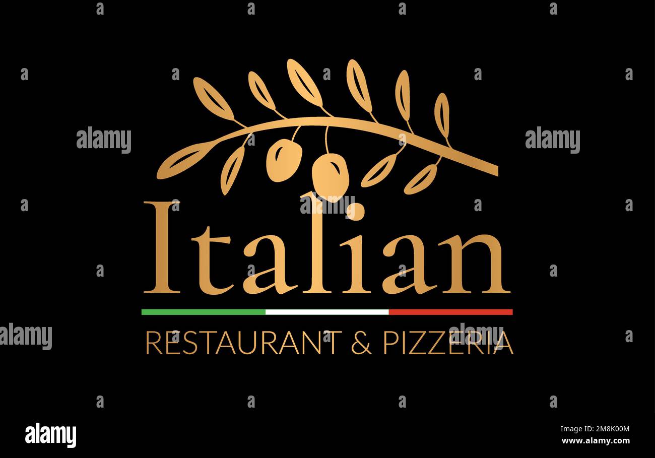 Elegant Italian Restaurant & Pizzeria Logo with Gold Olives Stock