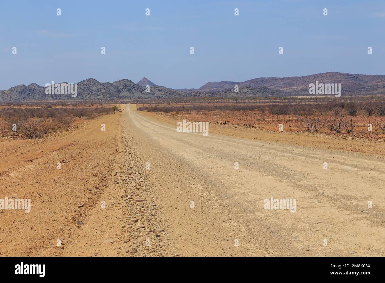 Namibian landscape along the gravel road. Yellow ground and African