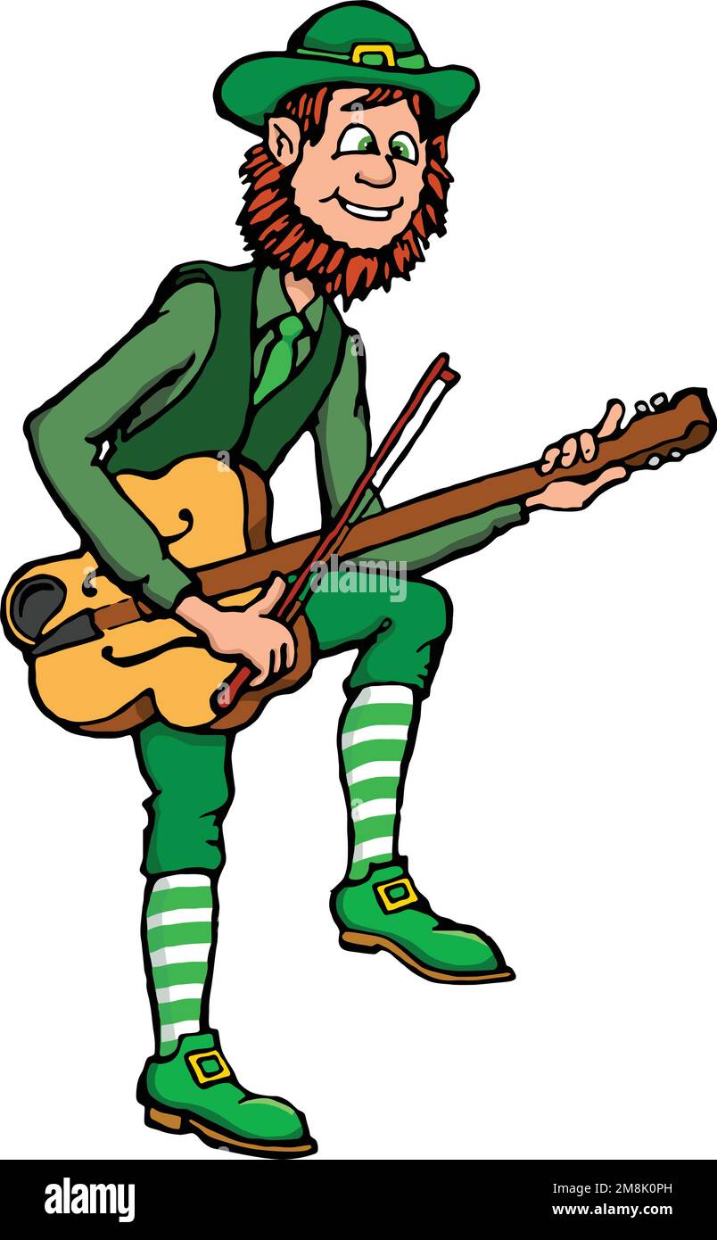 cartoon leprechaun playing a shamrock fiddle Stock Vector