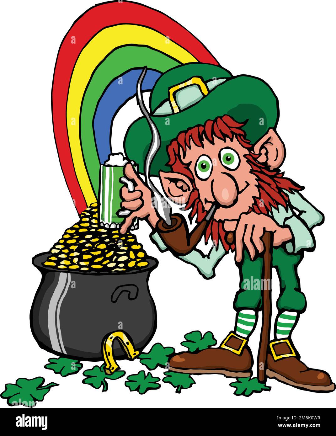 cartoon leprechaun holding a beer with rainbo Stock Vector