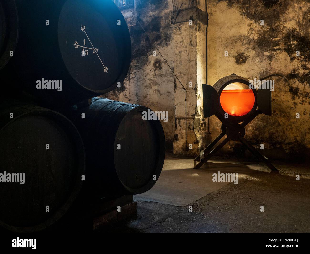 Barrel with wine in a wine cellar Stock Photo