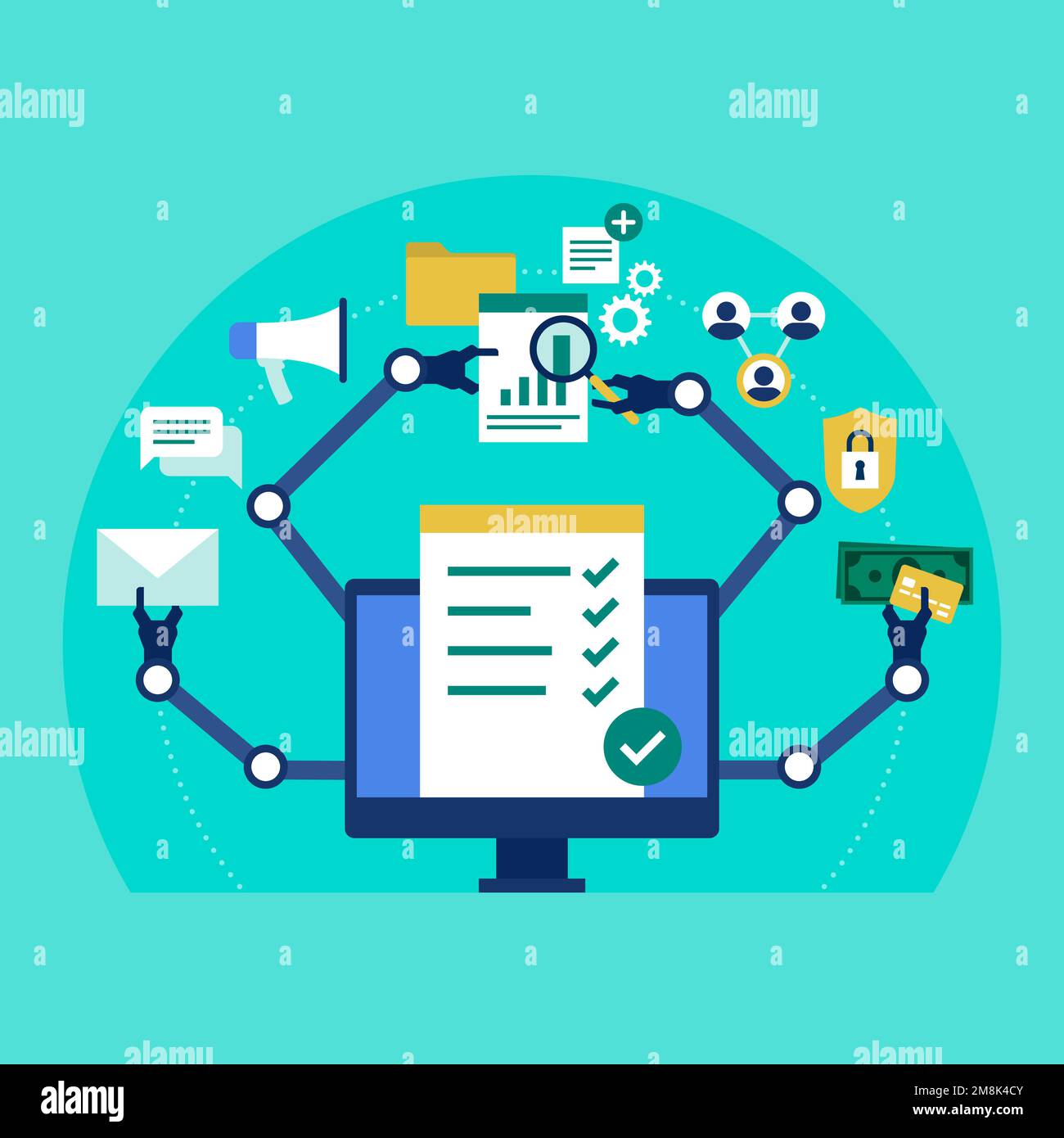 RPA robotic process automation concept: computer with robotic arms performing automated tasks Stock Vector