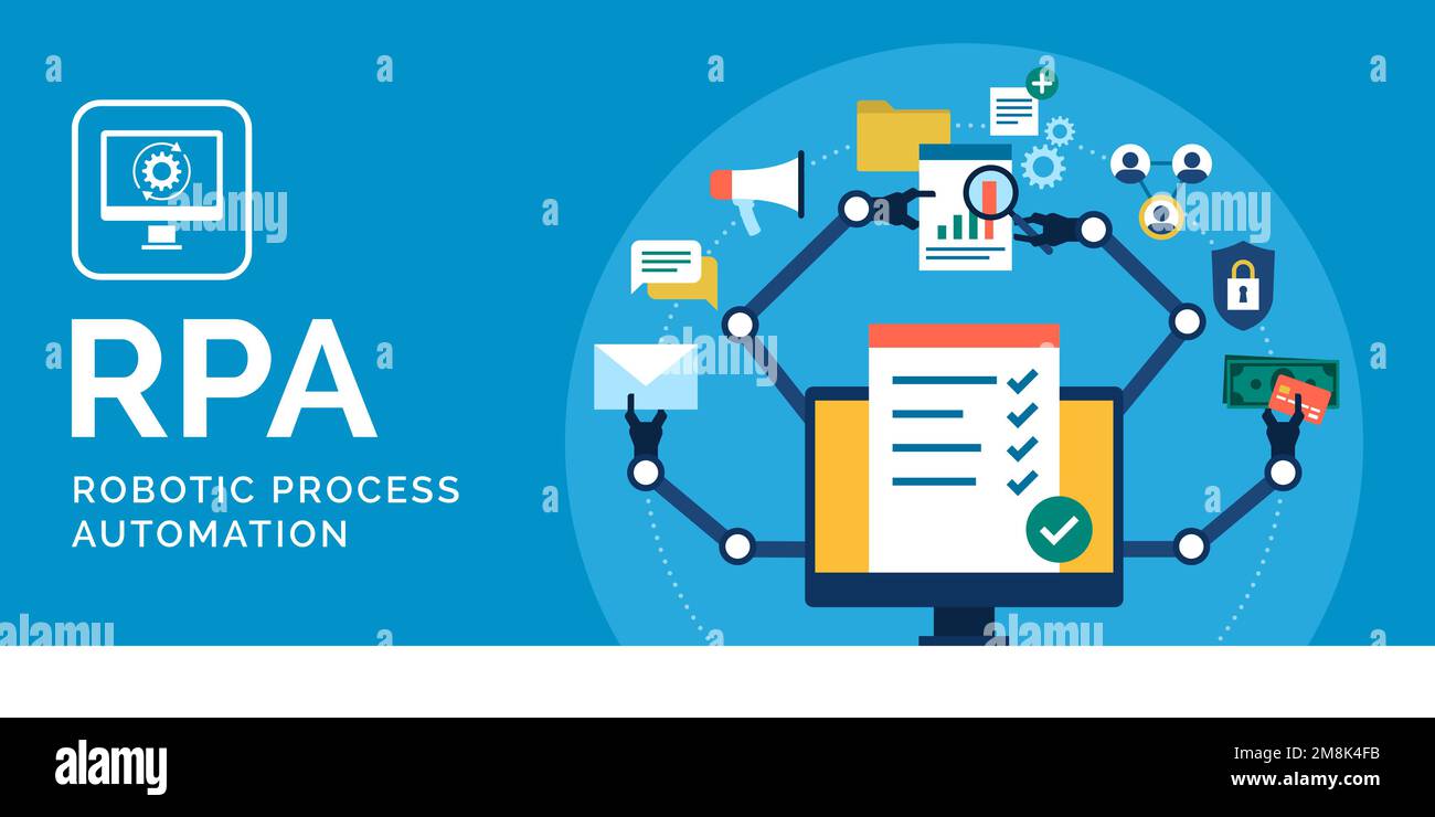 RPA robotic process automation concept: computer with robotic arms performing automated tasks, banner with copy space Stock Vector