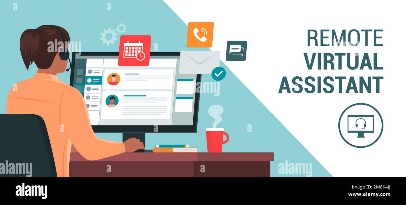 Professional virtual assistant sitting at desk and working with computer: she is talking with customers, replying to messages and planning Stock Vector