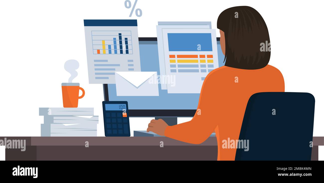 Businesswoman sitting at desk, checking paperwork and electronic documents online Stock Vector