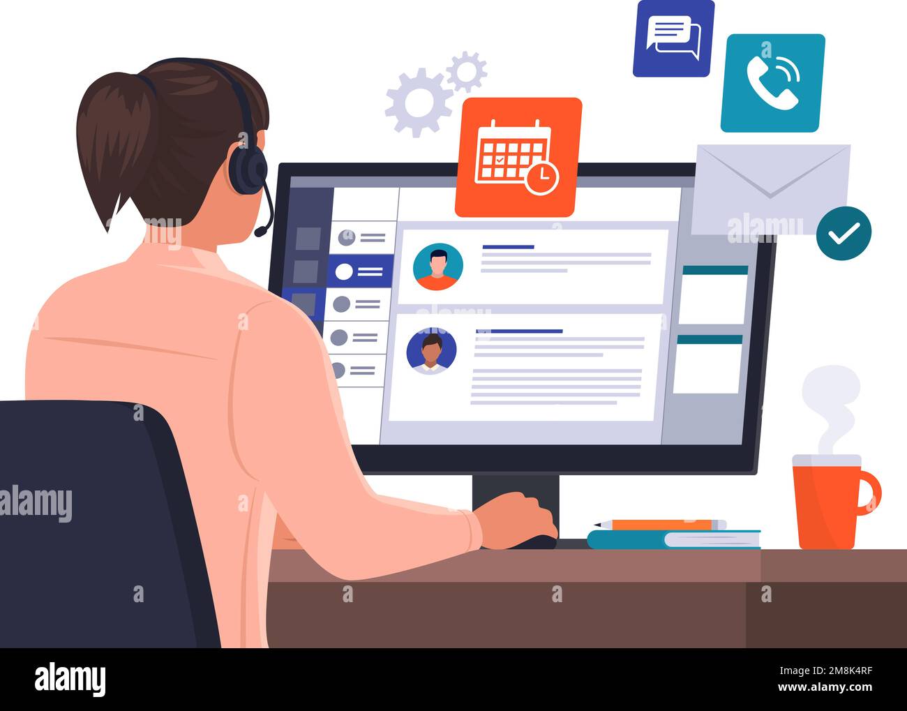 Professional virtual assistant sitting at desk and working with