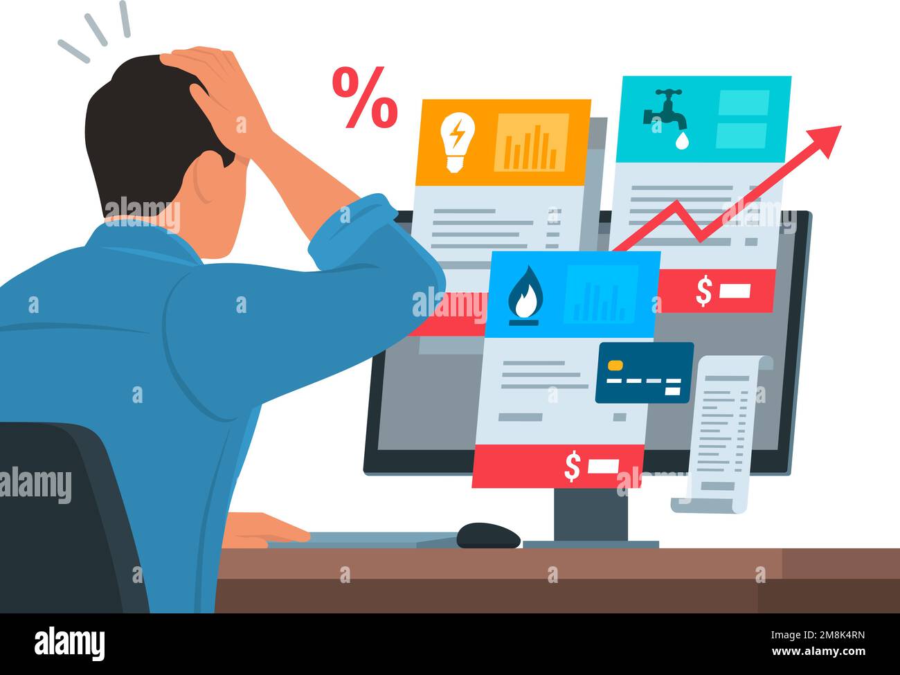 Worried man sitting at desk and checking expensive utility bills on his computer, payments and budget concept Stock Vector