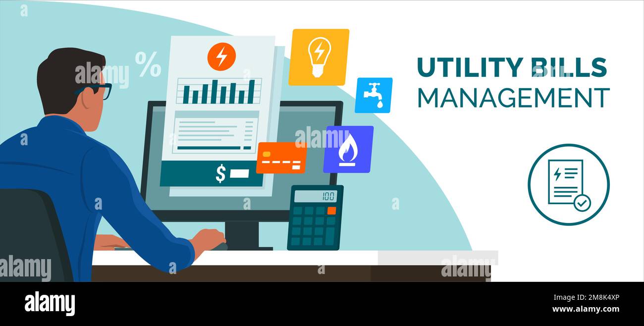Man sitting at desk and paying his utility bills online on his computer, utility bills management concept Stock Vector