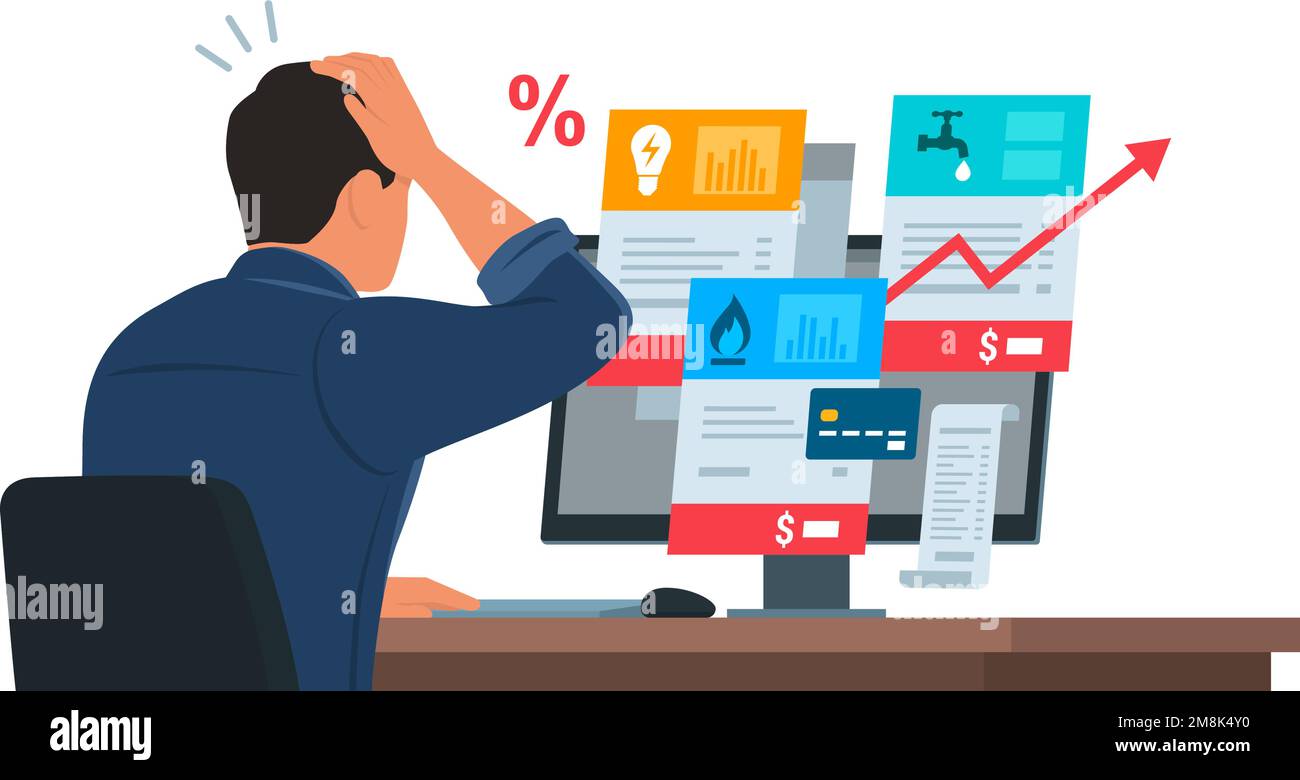 Man sitting at desk and checking expensive utility bills on his computer, payments and budget concept Stock Vector