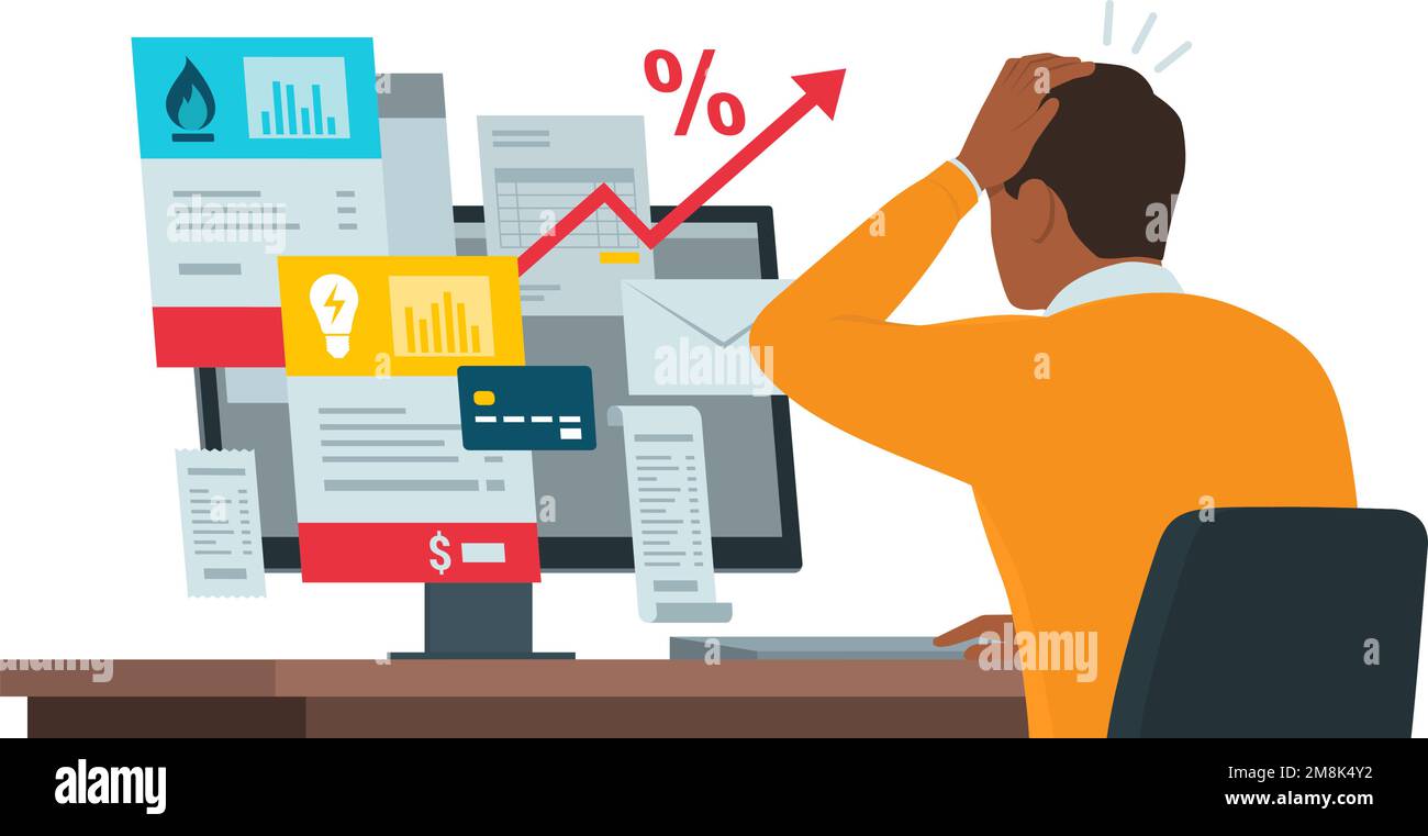 Man sitting at desk and checking expensive utility bills online on his computer, payments and budget concept Stock Vector