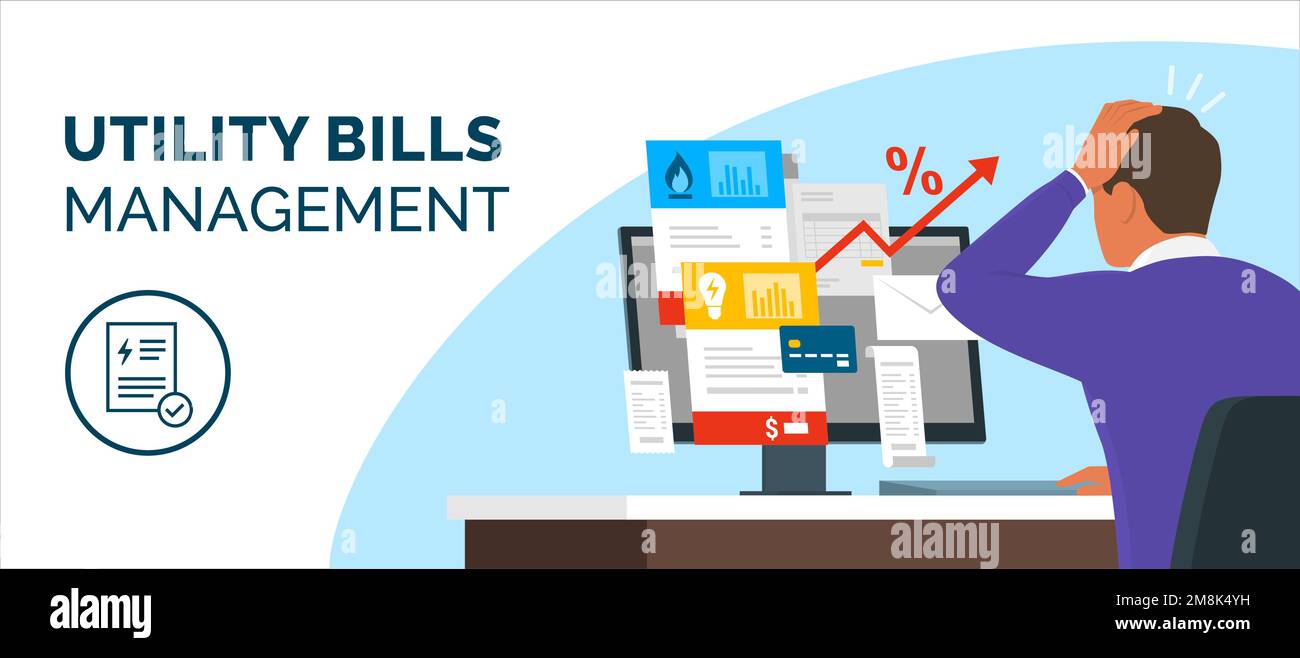 Shocked man sitting at desk and checking expensive utility bills on his computer, payments and budget concept Stock Vector