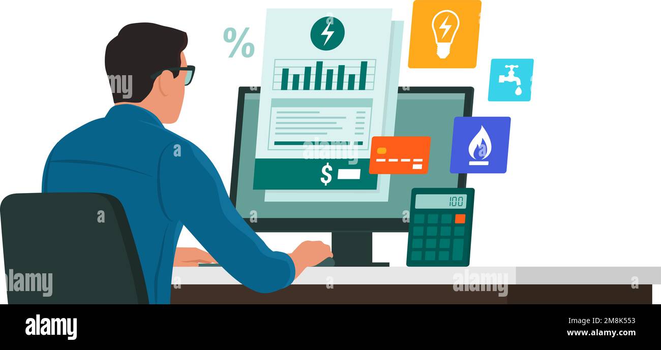Man sitting at desk and paying his utility bills online on his computer, utility bills management concept Stock Vector