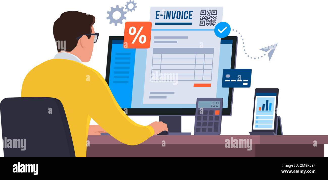Professional businessman working with his computer, he is sending an e-invoice online Stock Vector