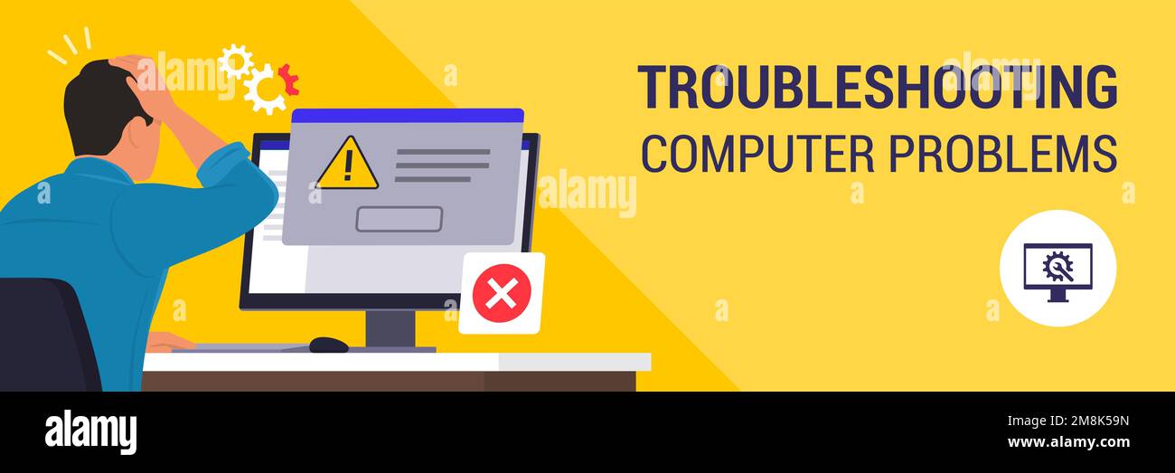 Man sitting at desk and using a computer, he receives an error message notification on a dialog box window Stock Vector