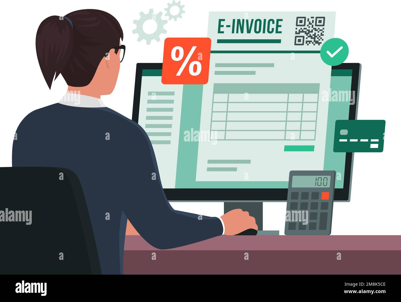 Professional businesswoman working with her computer, she is sending an e-invoice online Stock Vector