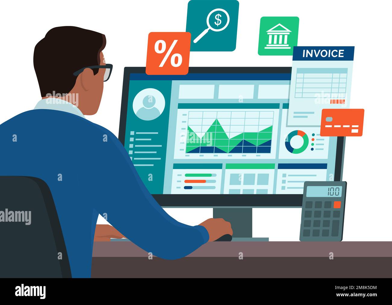 Corporate businessman working in the office, he is checking financial reports and charts on his computer Stock Vector