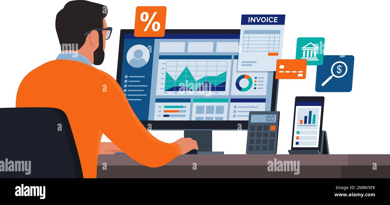 Corporate businessman working in the office, he is checking financial reports and charts on his computer Stock Vector