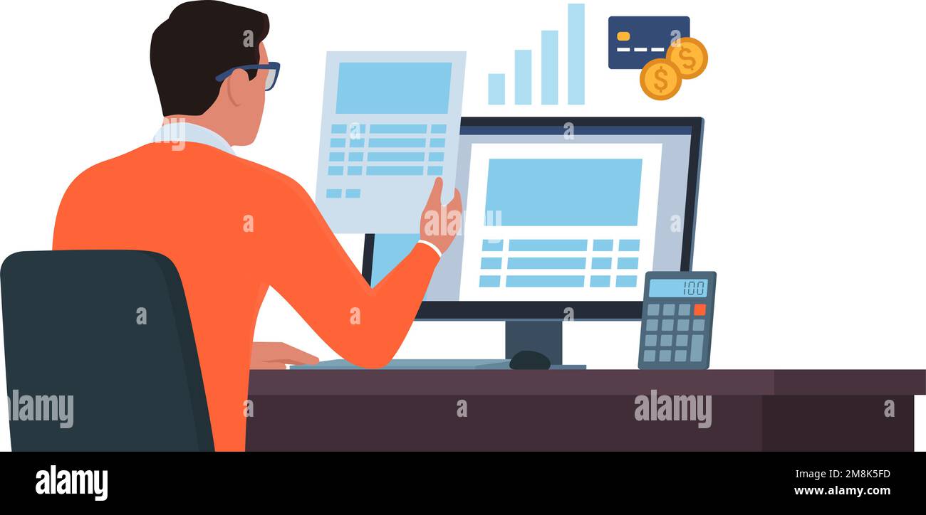 Businessman checking paperwork and electronic documents, business management and accounting concept Stock Vector