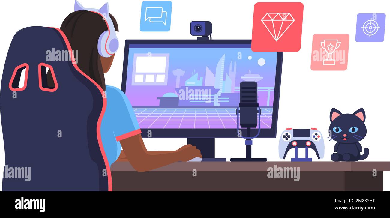 Professional cute gamer girl playing video games online: video games live streaming platform concept Stock Vector