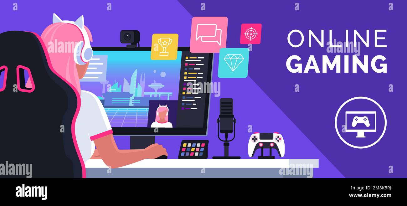 Professional cute gamer girl playing video games online video games