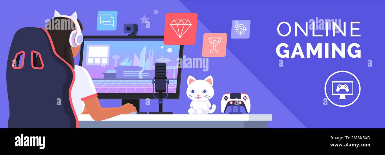 Professional cute gamer girl playing video games online video games