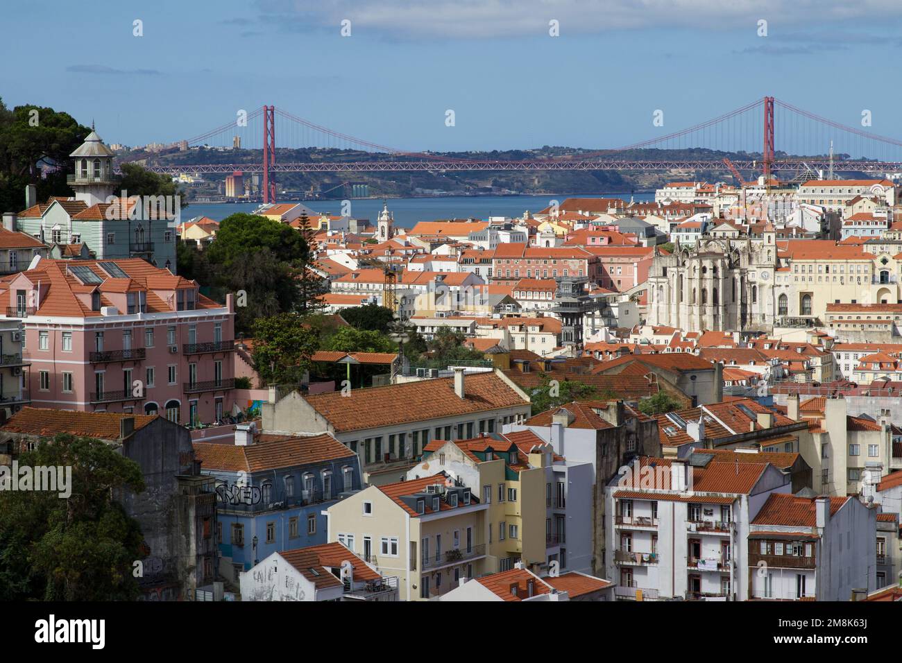 Panoramic views over downtown Lisbon (Baixa), the Tagus River and 25th April Bridge (Ponte 25 de Abril). Portugal. Stock Photo