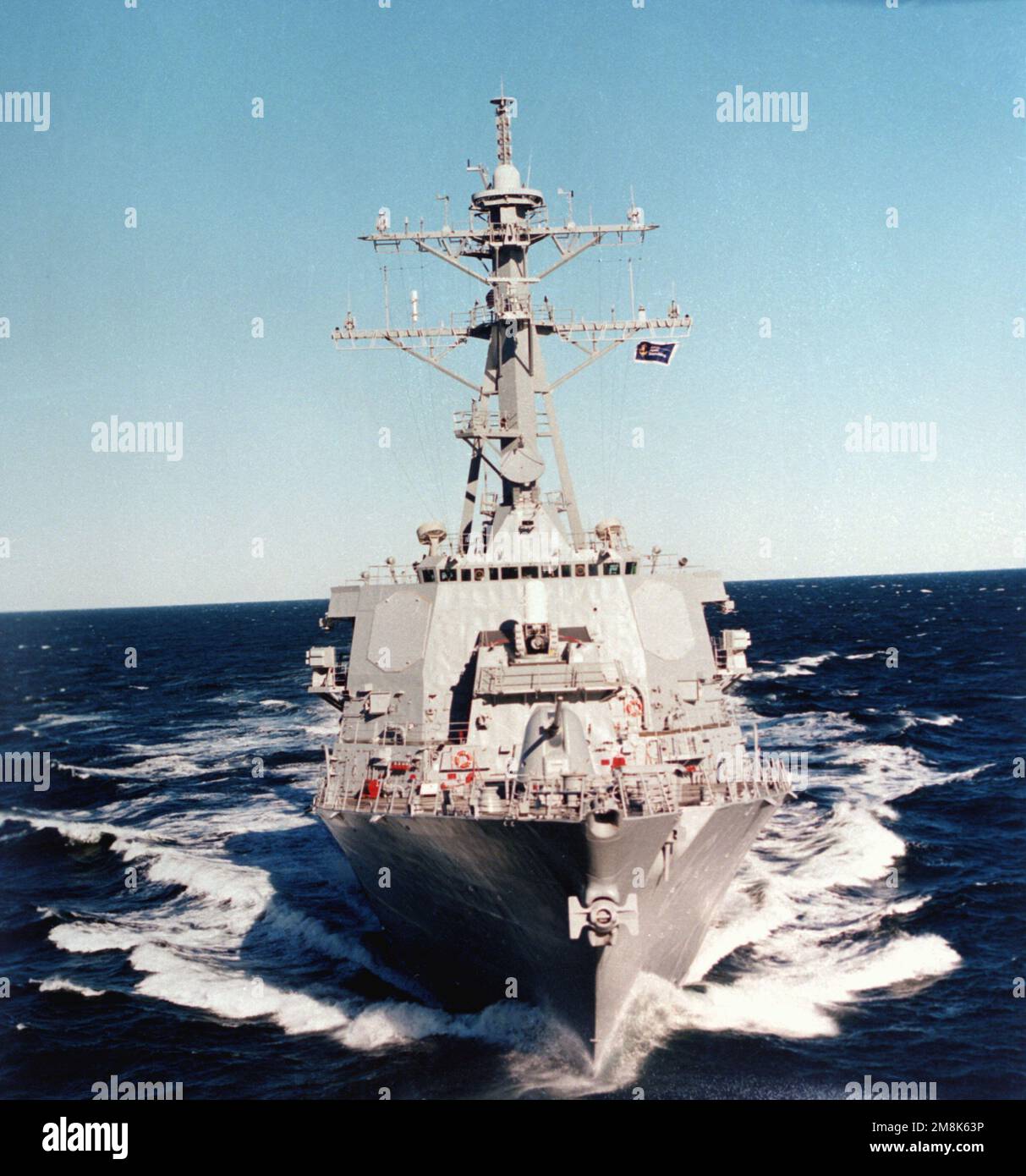 An aerial bow-on view of the guided missile destroyer USS Ramage (DDG ...