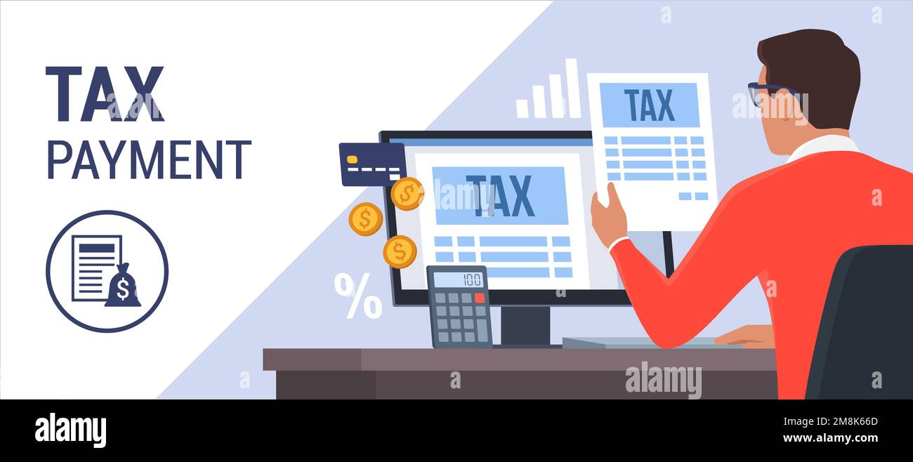 Online etax payment on computer man checking tax forms on his