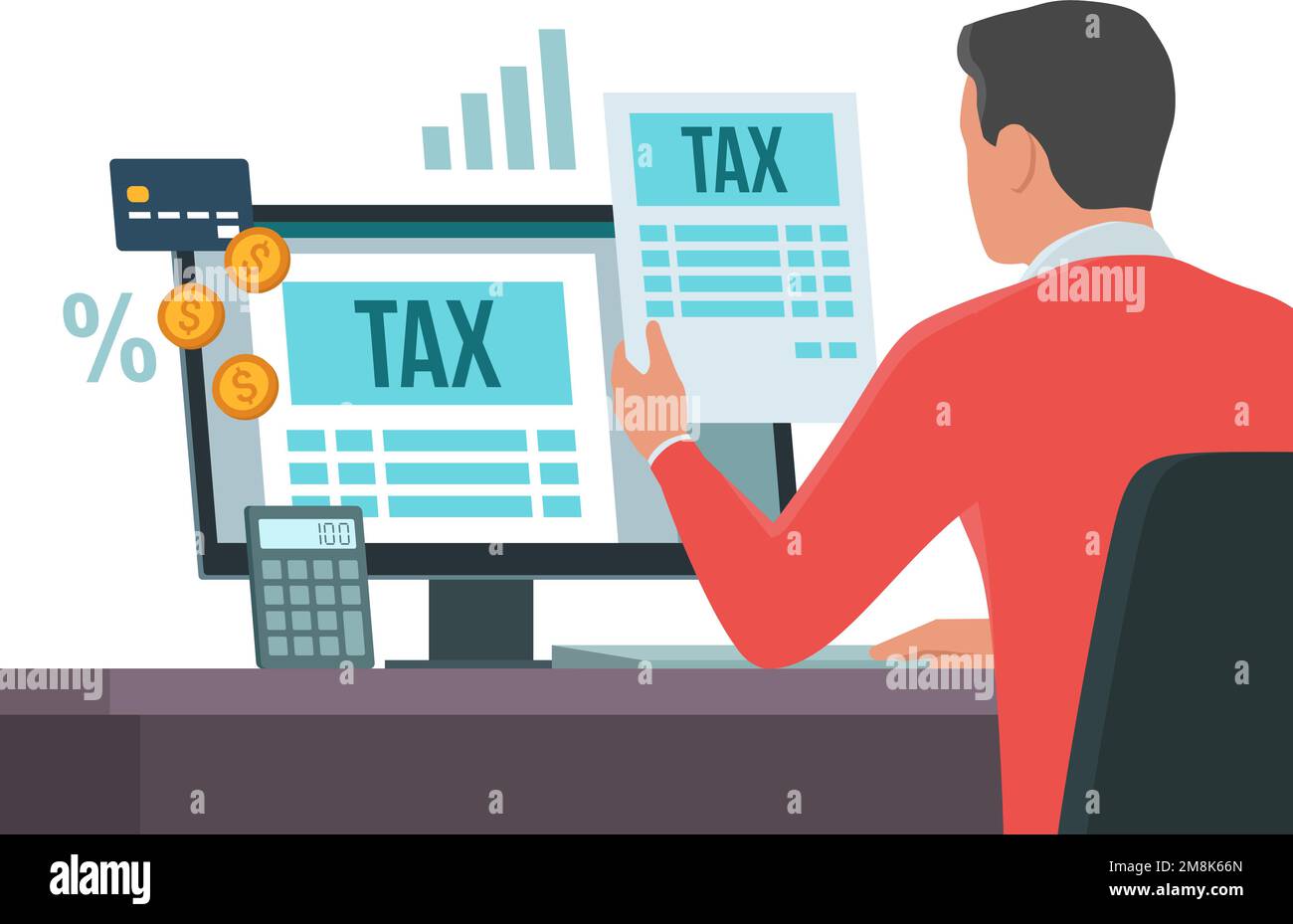 Online etax payment on computer man checking tax forms on his