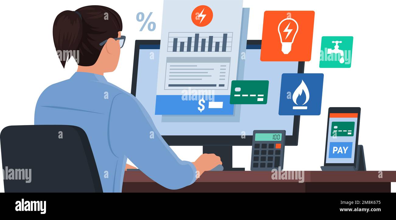 Woman sitting at desk and paying utility bills online using her computer Stock Vector