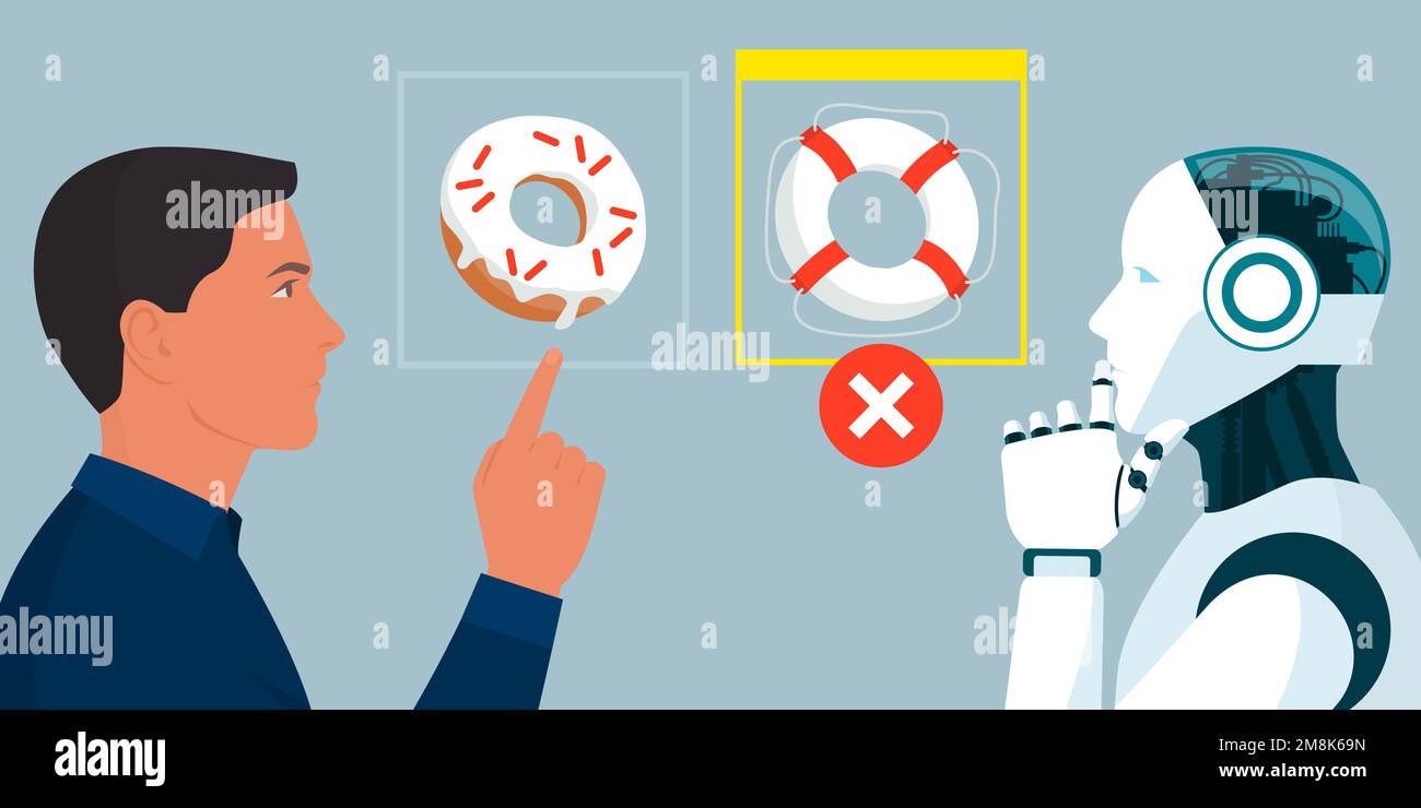 Man training an AI robot but the machine fails in image recognition Stock Vector