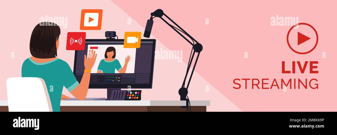 Professional vlogger and influencer livestreaming on social media, she is waving at the camera Stock Vector