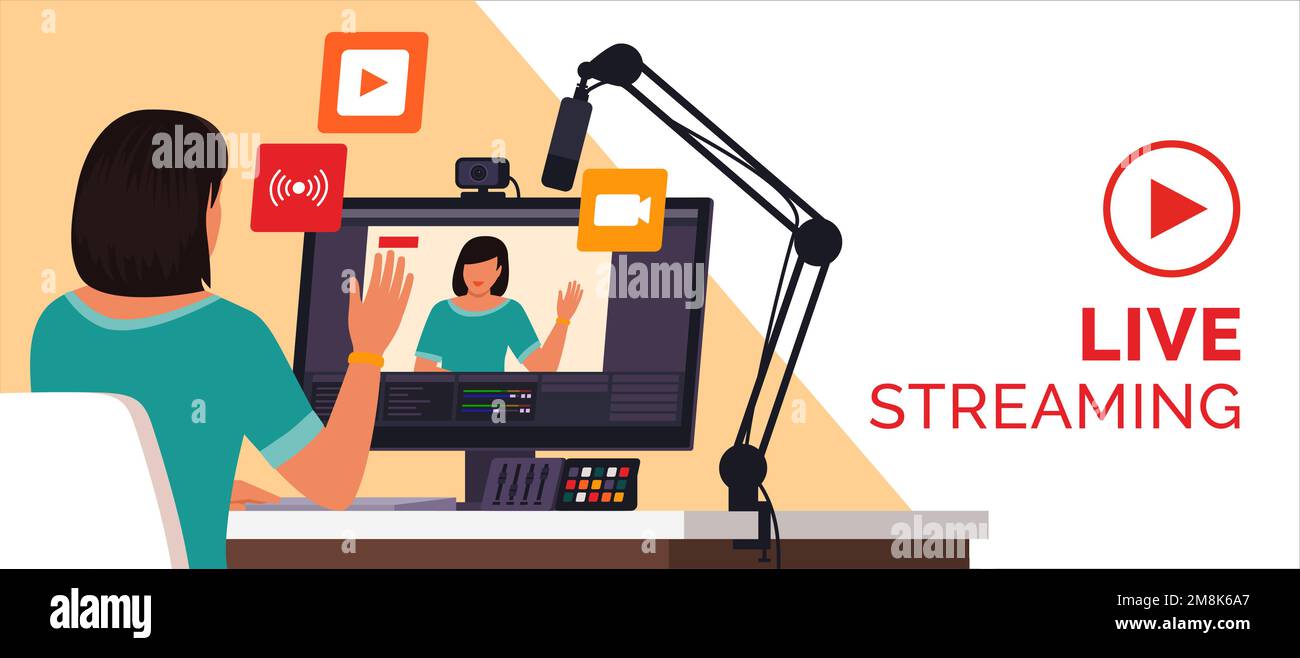 Professional vlogger and influencer livestreaming on social media, she is waving at the camera Stock Vector