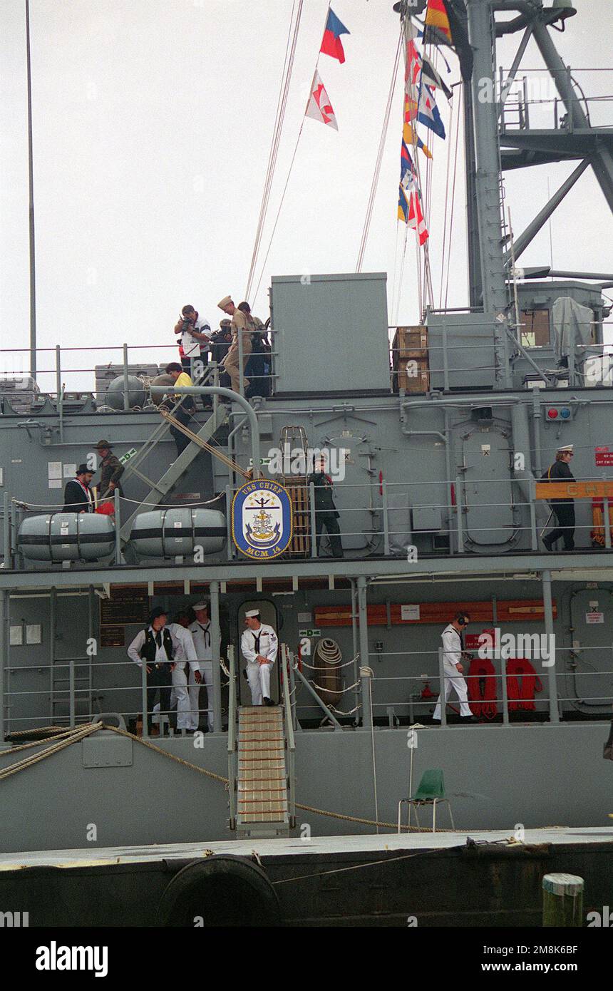 A starboard side view of the gangway to the mine counter measures ship USS CHIEF (MCM-14) during open house tours as part of Tamps's annual Gasparilla celebration; a mock pirate invasion of the city by the Ybor Navy. Base: Tampa State: Florida (FL) Country: United States Of America (USA) Stock Photo