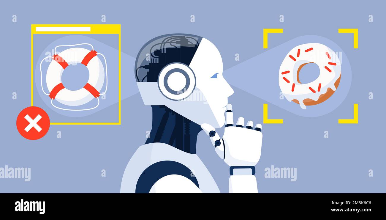 AI robot fails in image recognition, artificial intelligence mistake concept Stock Vector