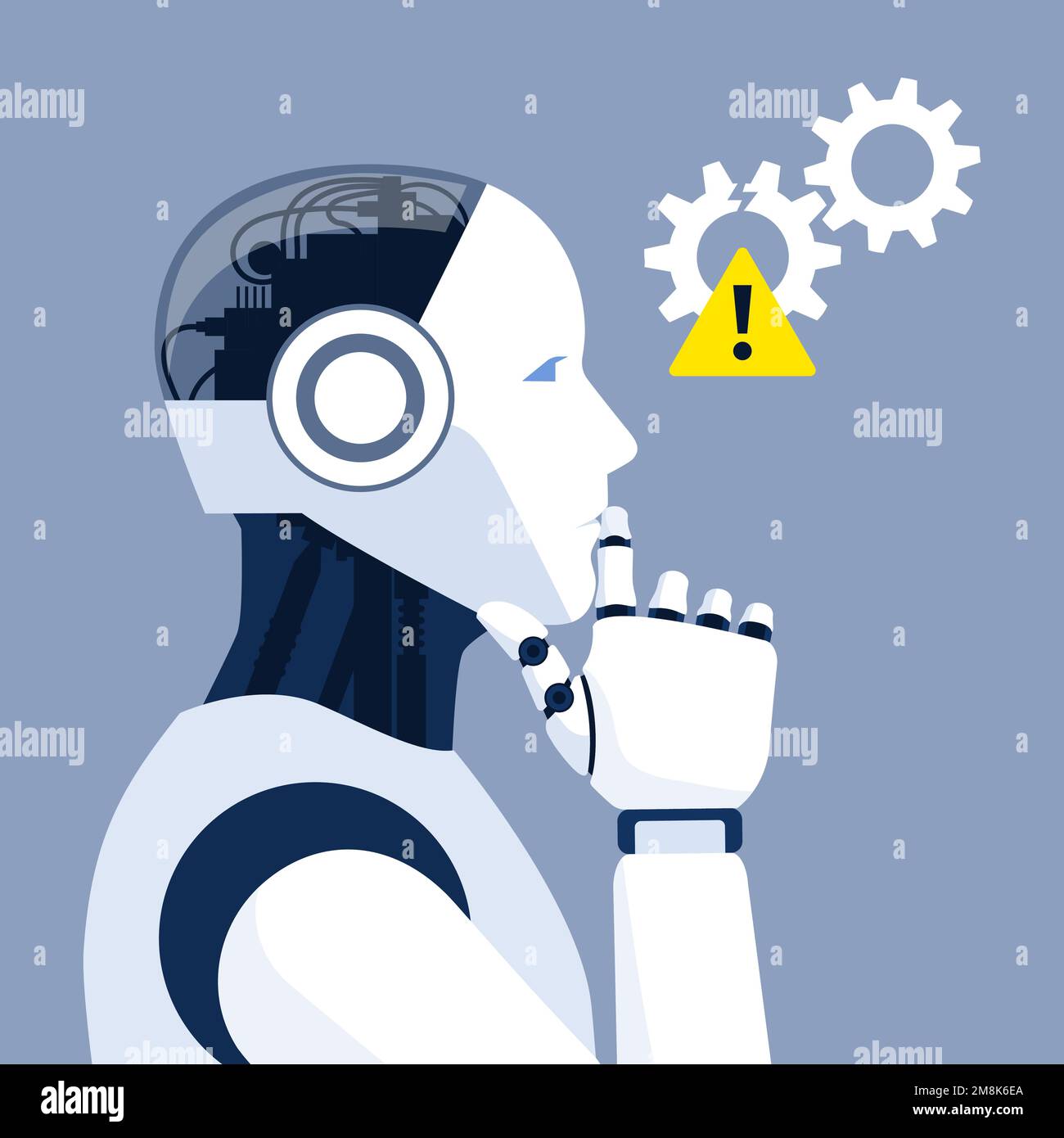 Confused AI robot thinking with hand on chin, artificial intelligence failure and system error concept Stock Vector