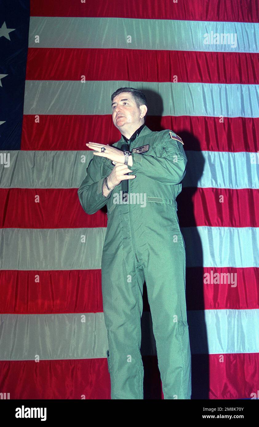 General Ronald Fogelman, Air Force CHIEF of STAFF, speaks on stage at