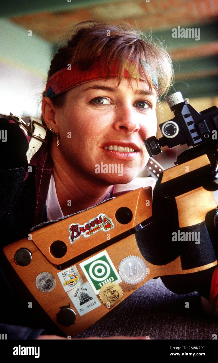 Deena Wigger, US Air National Guardsman, poses with her rifle at the Tiro Federal Argentina