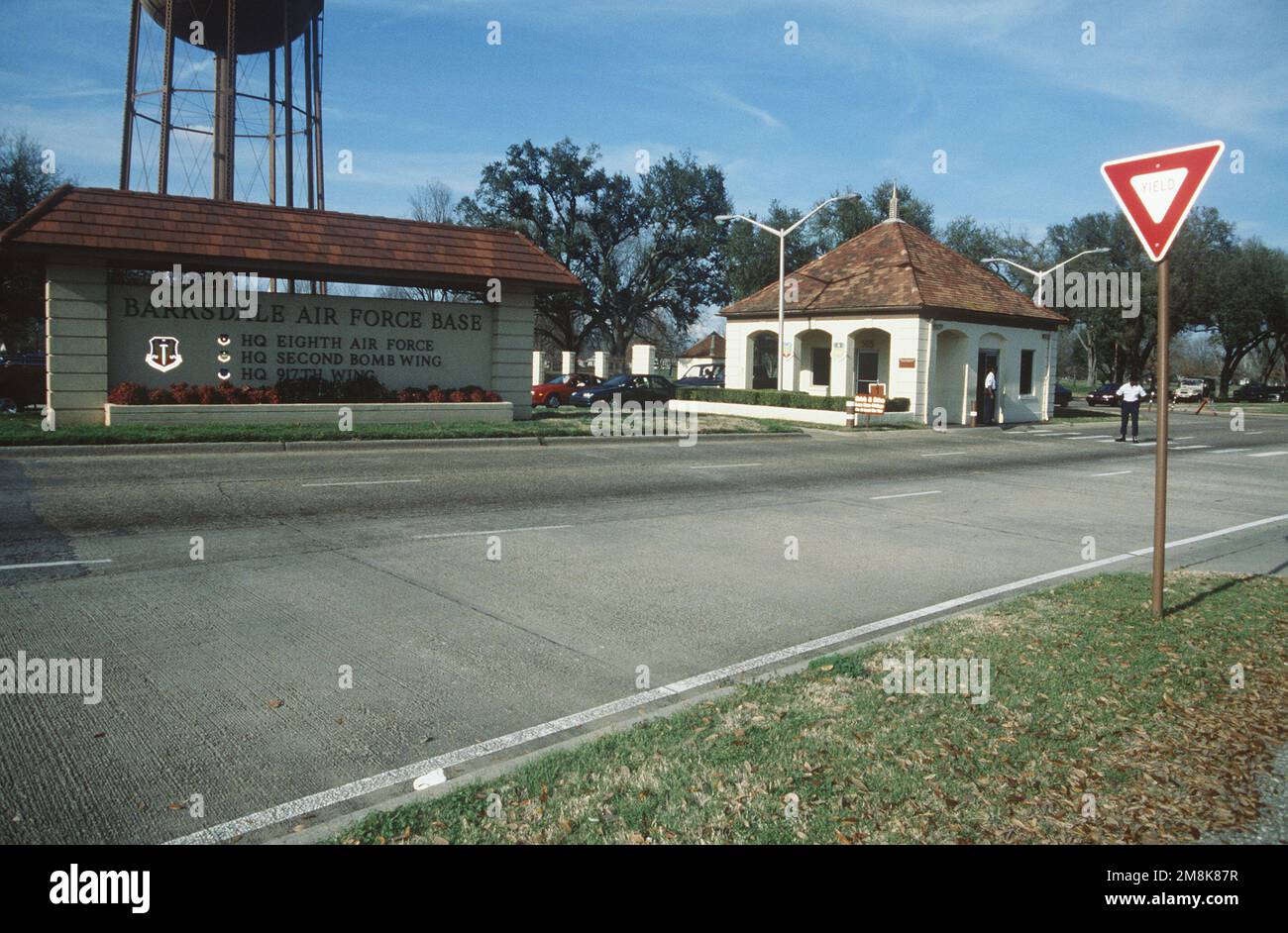 A medium-range view of the main gate and base sign. Base: Barksdale Air Force Base State: Louisiana (LA) Country: United States Of America (USA) Stock Photo