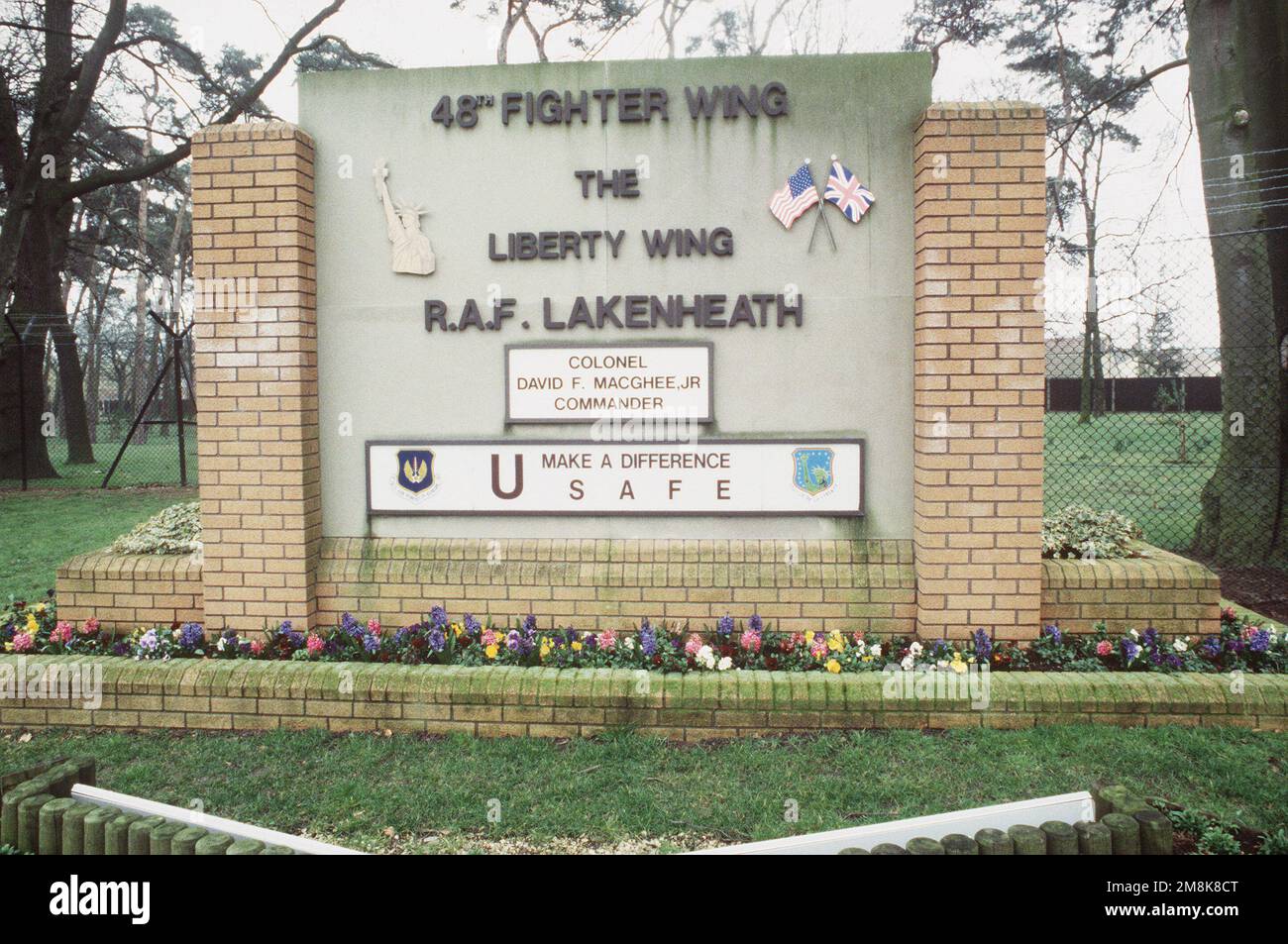 A closeup view of the base sign. Base Raf Lakenheath State East