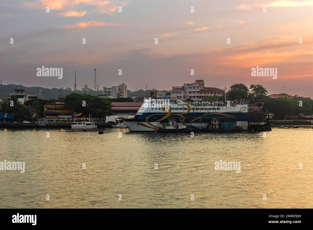 Goa Rivers Panaji Goa India Oct 22 2022: Sunset time cruise View of the Atal Setu ...