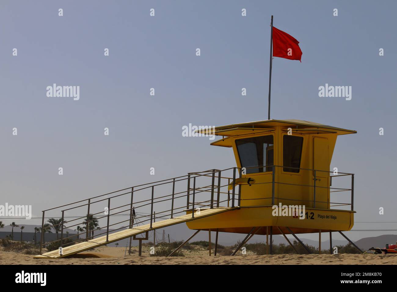 a yellow life guard post on Parque Natural de Corralejo beach Stock ...