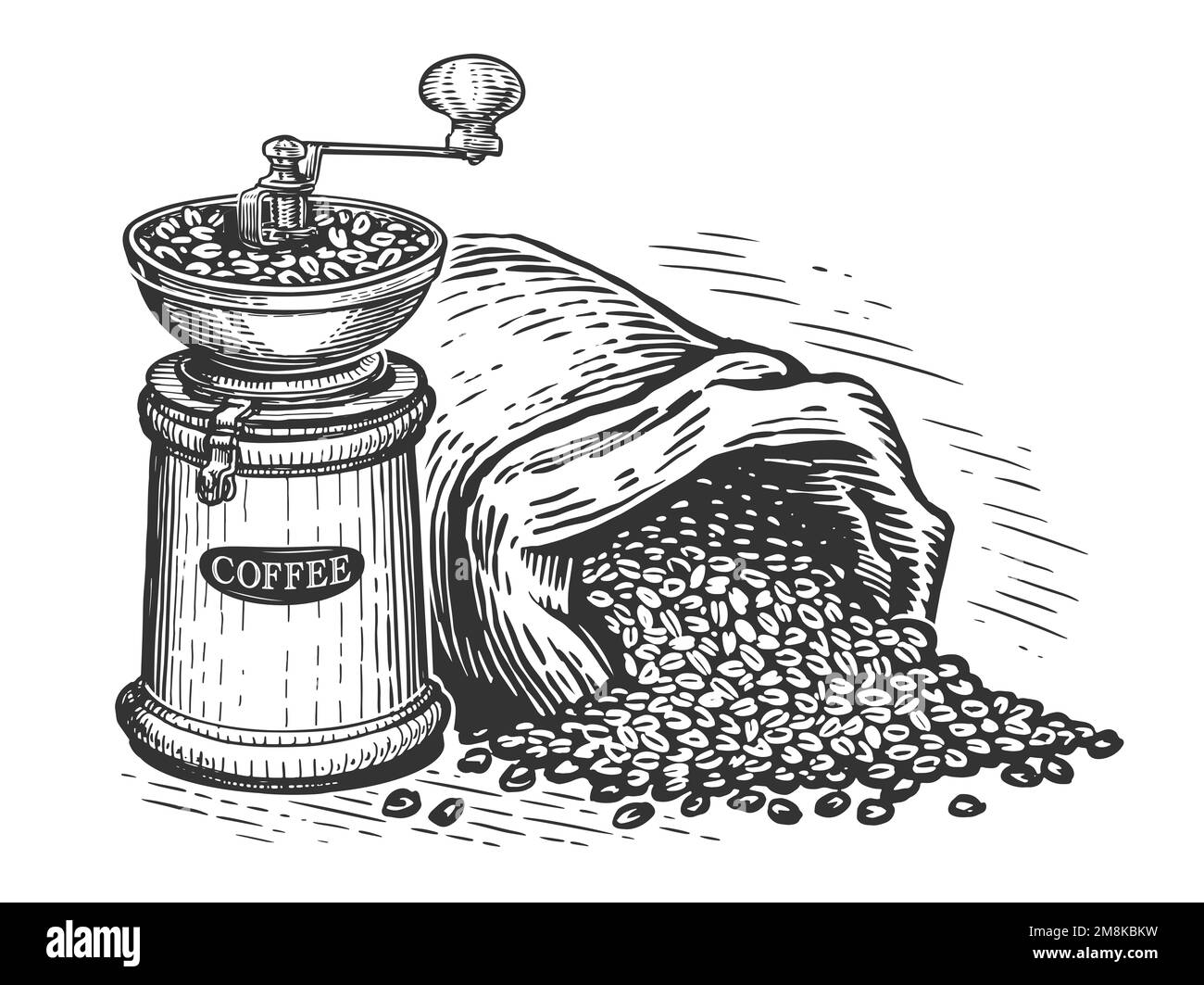 Coffee grinder and bag of coffee beans. Drink concept. Engraved hand drawn sketch vintage illustration Stock Photo