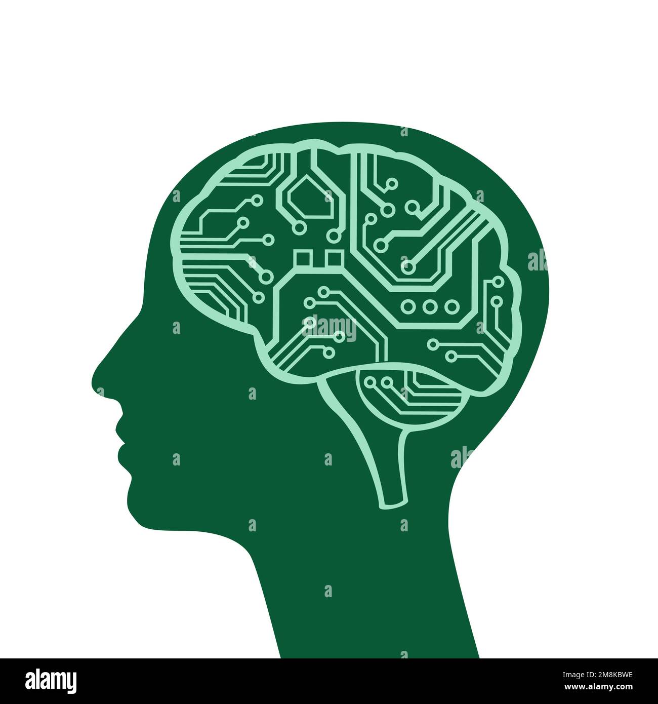 Human head with electric circuit board as brains. Artificial intelligence. Stock Vector