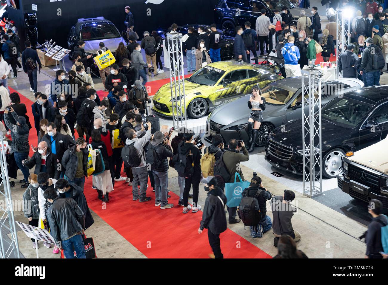 Chiba, Chiba Prefecture, Japan. 13th Jan, 2023. Crowds of visitors and spectators enjoy the Tokyo Auto Salon.Tokyo Auto Salon (æ±äº¬ã‚ªãƒ¼ãƒˆã‚µãƒ-ãƒ³) is considered one of the most prestigious aftermarket car shows in the world, attracting car enthusiasts, manufacturers, and media from all over the globe. The show features a wide range of customized and high-performance cars, including sports cars, luxury cars, and even trucks and buses. Visitors can also expect to see car-related products and technology such as wheels, tires, audio systems, and car electronics. Some of the most notable Stock Photo
