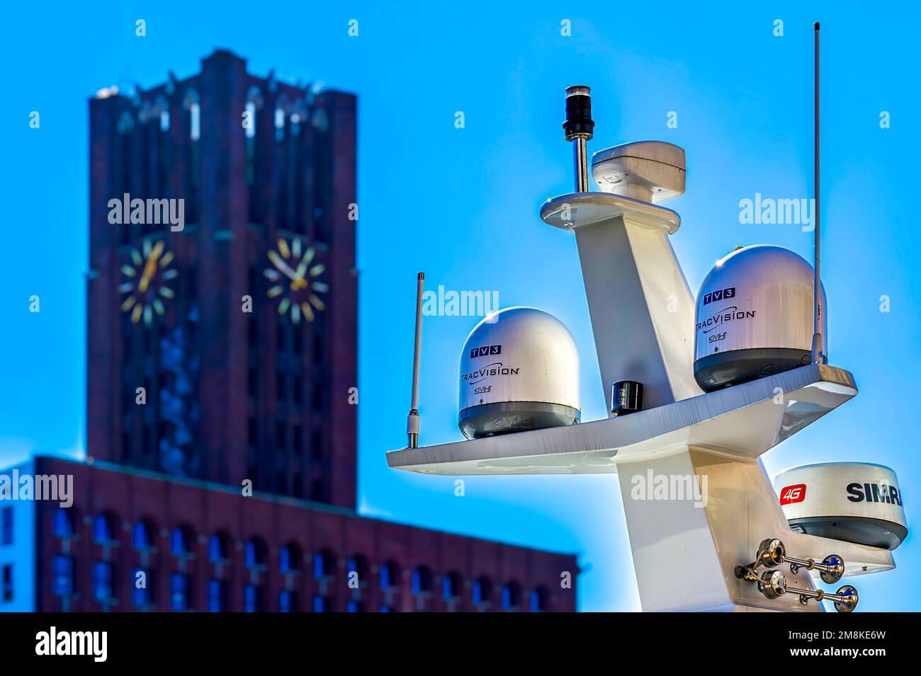 Berlin, Germany - March 8, 2022: Satellite equipment on the roof of a yacht against the light with the Berlin Ullsteinhaus in the background. Stock Photo