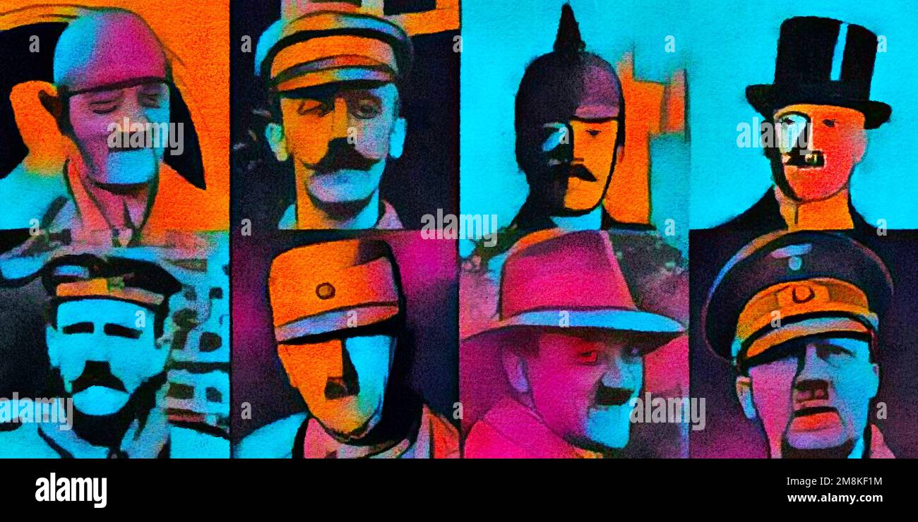 Adolph Hitler is seen in eight different hats in a digital watercolor painting about the Nazi leader of WWII. Stock Photo
