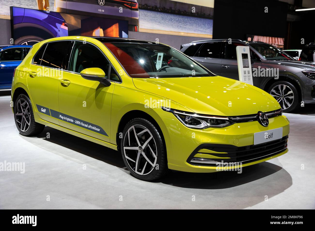 Volkswagen Golf plug-in hybrid car at the Brussels Autosalon European Motor Show. Brussels, Belgium - January 13, 2023. Stock Photo
