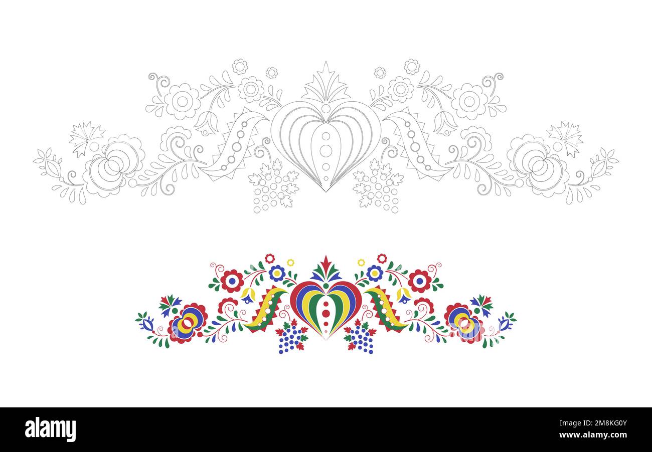 Traditional folk ornament. Floral embroidery Czech pattern. Coloring pages with a colour template. Moravian, Slovak and Hungarian symbol. Vector illus Stock Vector